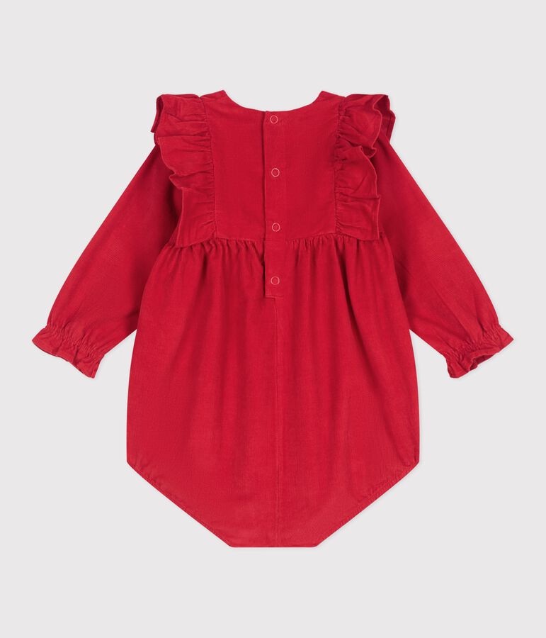 Babies' short corduroy playsuit with smocking and ruffles red