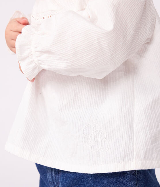 Babies' long-sleeved cotton poplin blouse with a collar and embroidery ECUME white