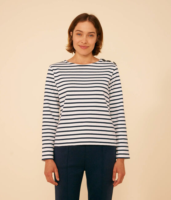 Women's Buttoned Cotton Breton Top MARSHMALLOW white/SMOKING blue