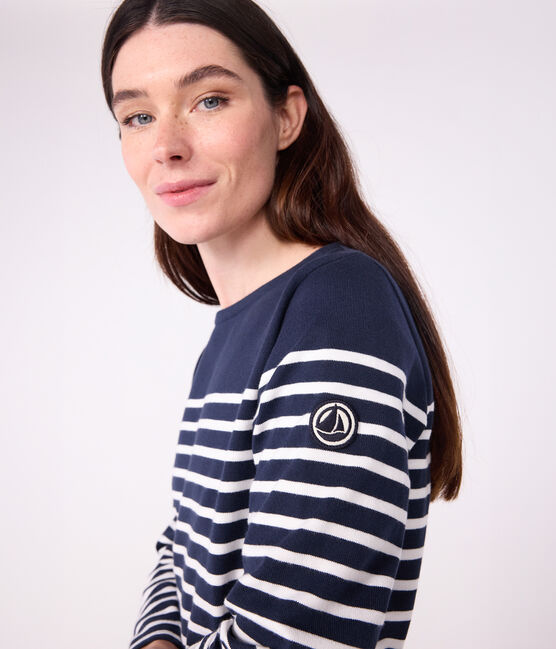 Women's long-sleeved cotton Breton top SMOKING blue/MARSHMALLOW white