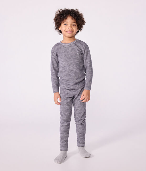 Children's long-sleeved stripy wool and cotton T-shirt SOIR blue/MARSHMALLOW