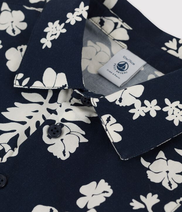 Babies' Short-Sleeved Poplin Hawaii Print Shirt blue/white