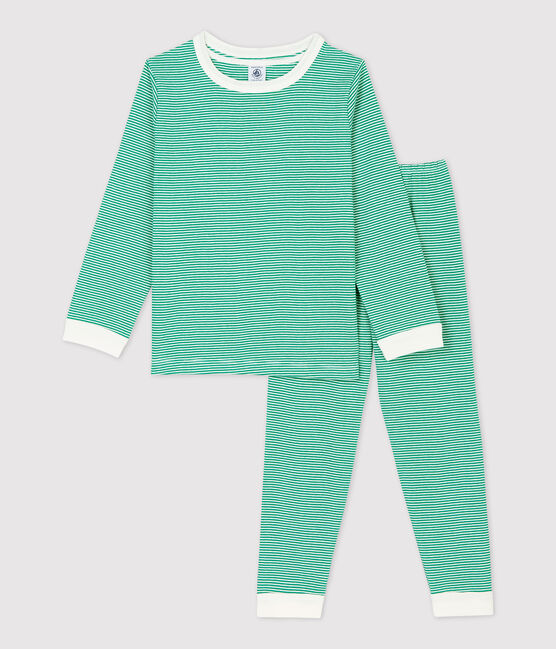 Unisex Pinstriped Green Organic Cotton Pyjamas PIVERT green/MARSHMALLOW white