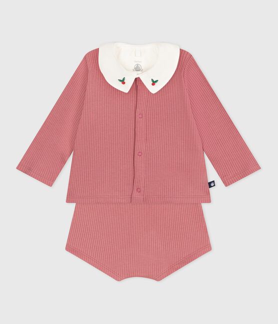Three-piece newborn set in cotton, and the T-shirt has an embroidered collar ROSEWOOD pink/MULTICO