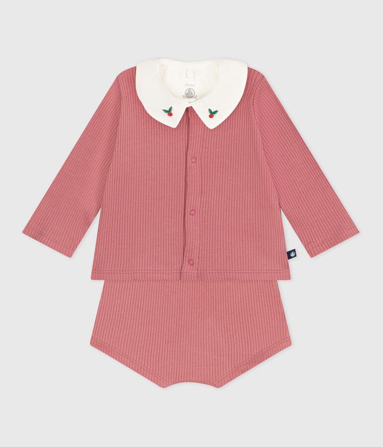 Three-piece newborn set in cotton, and the T-shirt has an embroidered collar pink/multicolor
