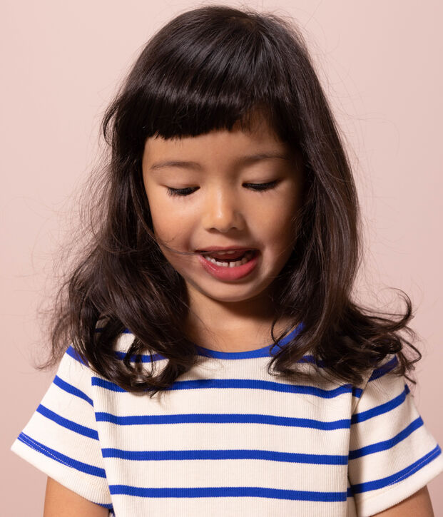 Girls' Striped Cotton T-Shirt Ecru/blue