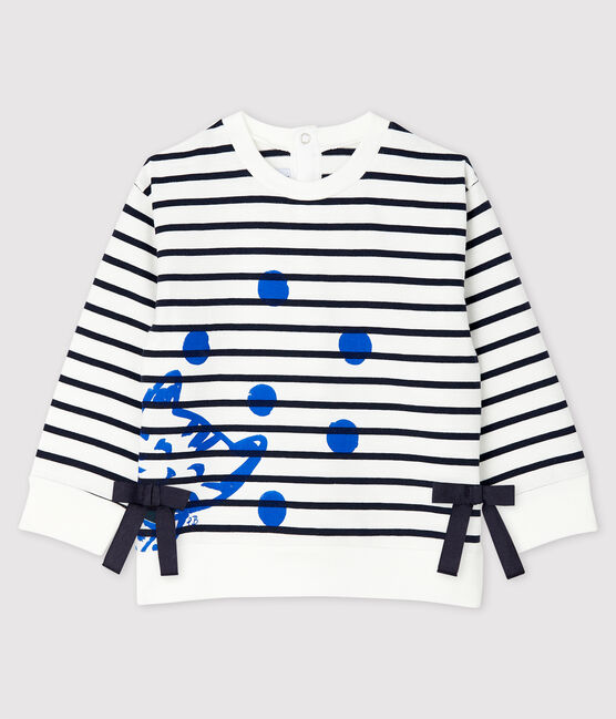 Baby Girls' Long-Sleeved Jersey Breton Top MARSHMALLOW white/SMOKING blue