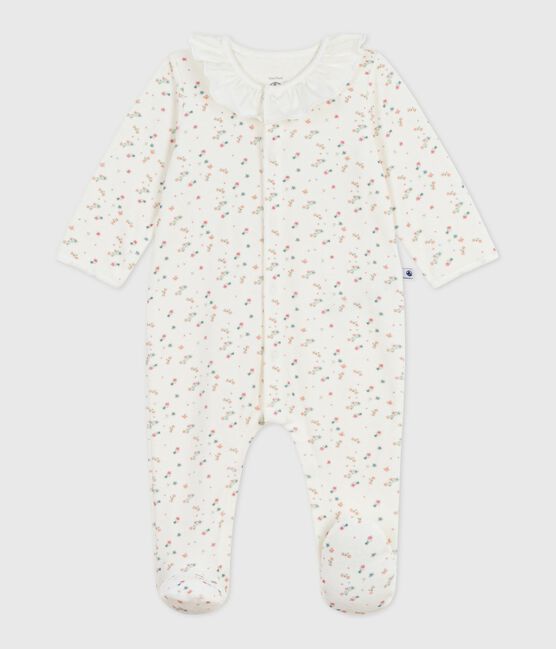 Babies' floral velour pyjama suit with a collar MARSHMALLOW white/MULTICO white