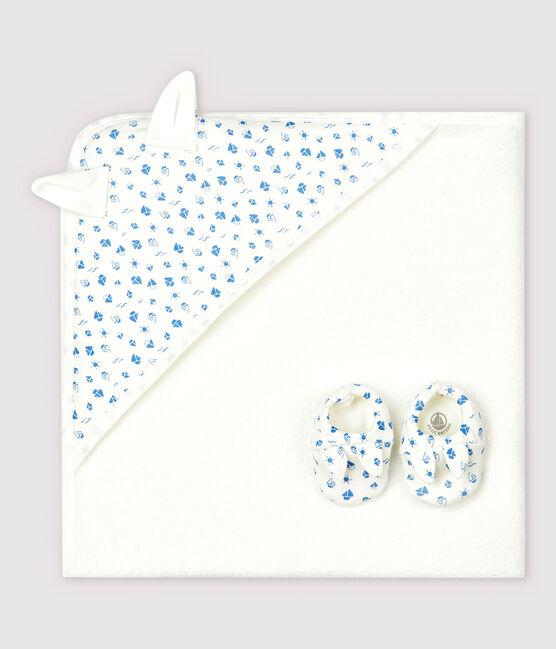 Babies' Square Bath Towel and Bootees Set in Terry and Organic Cotton MARSHMALLOW white/COOL blue