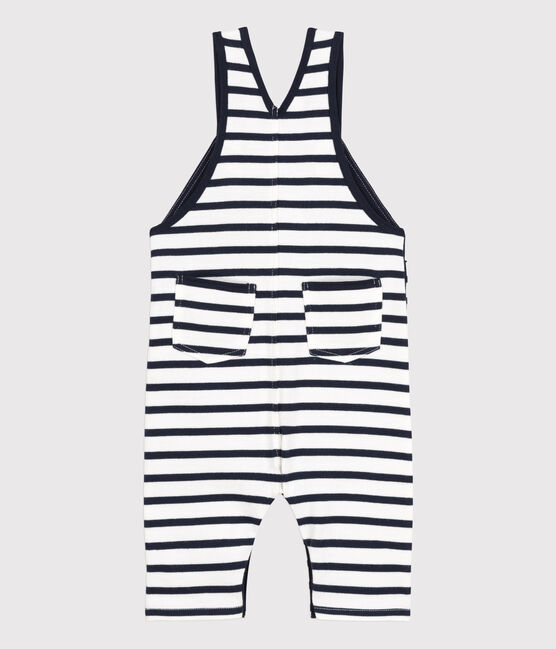 Babies' Stripy Thick Jersey Breton Dungarees MARSHMALLOW white/SMOKING blue