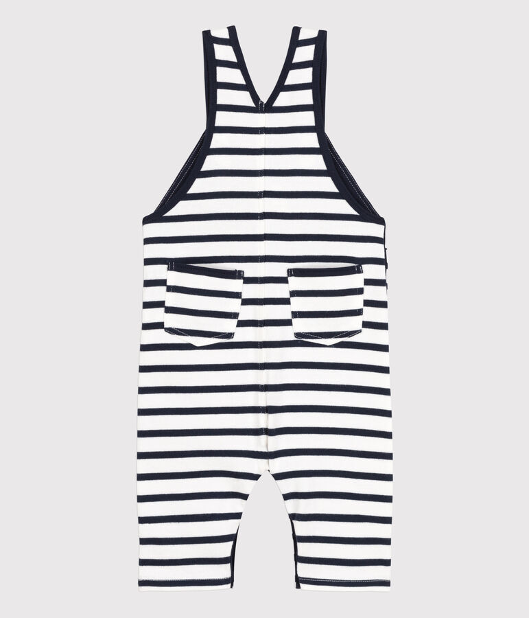 Babies' Stripy Thick Jersey Breton Dungarees MARSHMALLOW white/SMOKING blue