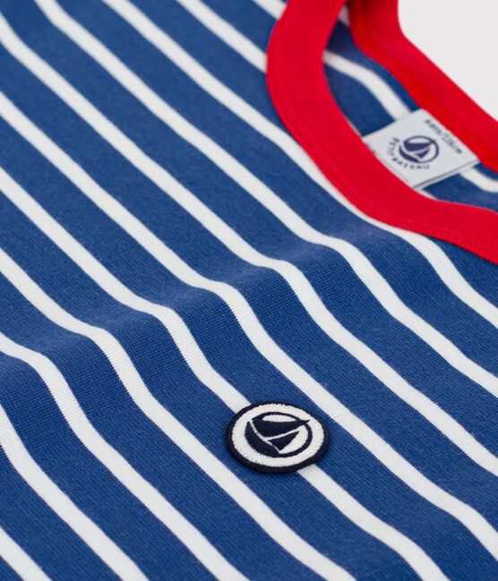Children's short-sleeved stripy cotton T-shirt CREPUSCULE blue/MARSHMALLOW