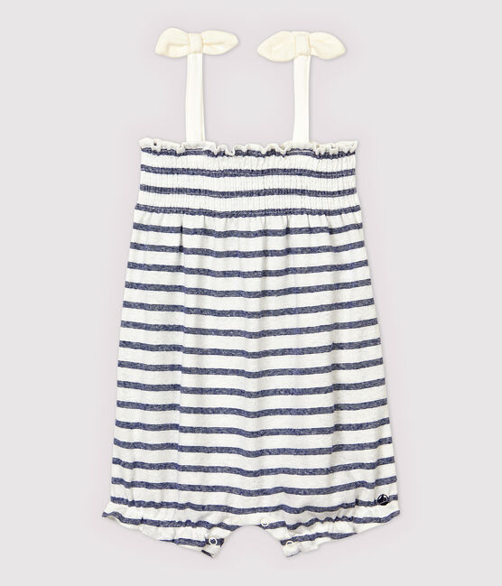 Baby Girls' Stripy Cotton and Linen Playsuit MARSHMALLOW white/MEDIEVAL blue