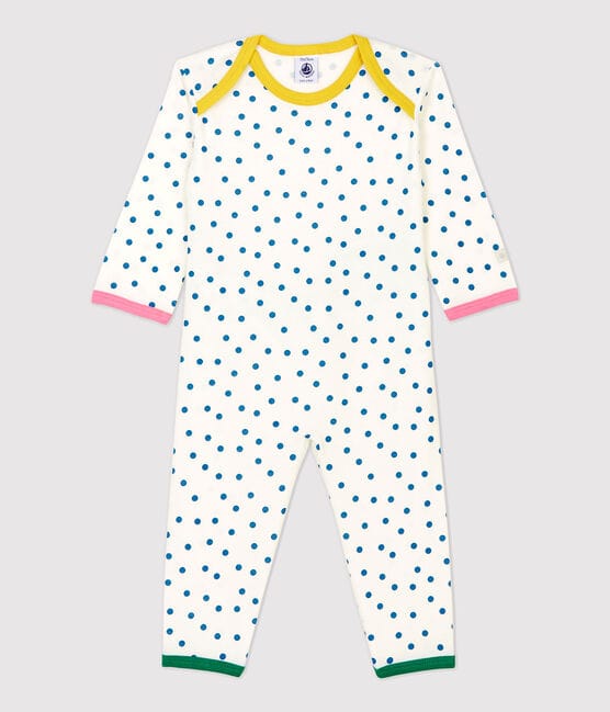 Babies' Spotted Popperless Cotton Sleepsuit MARSHMALLOW white/MALLARD