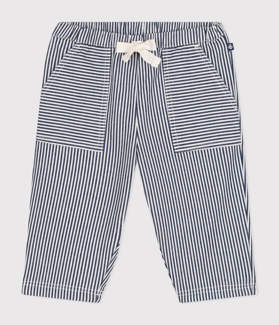 Babies' cotton canvas trousers MEDIEVAL blue/MARSHMALLOW white
