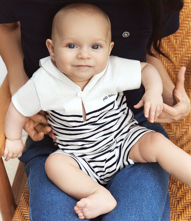 Babies' short stripy cotton playsuit with a sailor collar blue/blue
