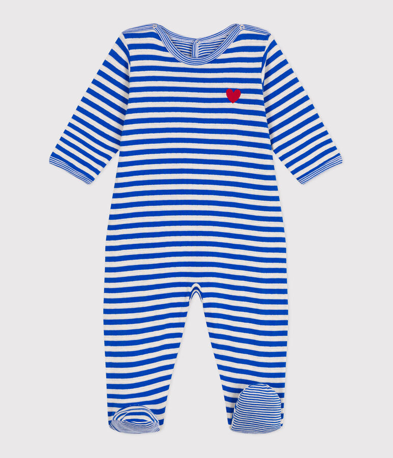 Babies' stripy tube knit pyjamas with a back opening blue/ecru