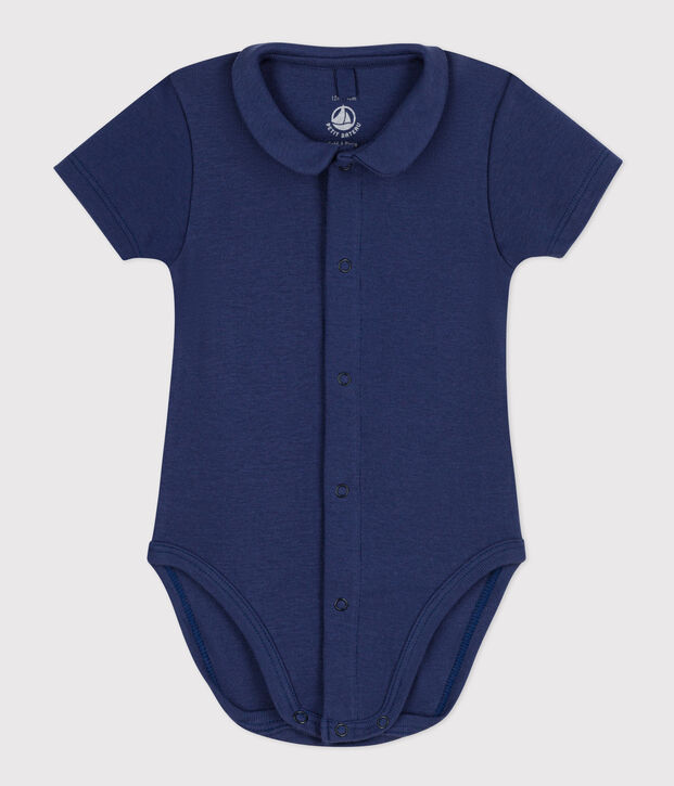 Babies' Short-Sleeved Cotton Bodysuit with Collar blue