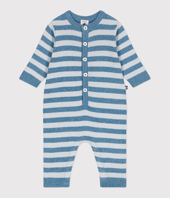 Babies' stripy wool and cotton knit playsuit ADRIATIC blue/CO2