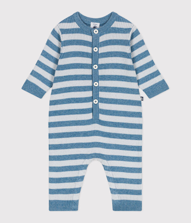 Babies' stripy wool and cotton knit playsuit blue/blue