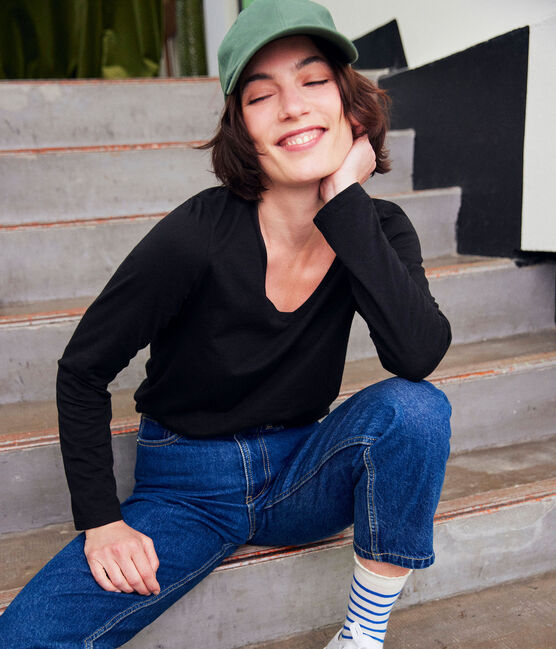 Women's The Straight long-sleeved V-necked fine jersey T-shirt NOIR black