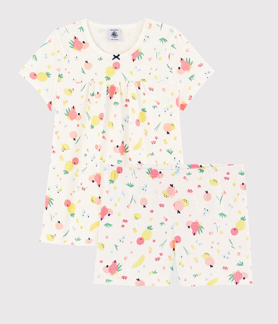 Girls' Summer Fruit Pattern Organic Cotton Short Pyjamas MARSHMALLOW white/MULTICO white