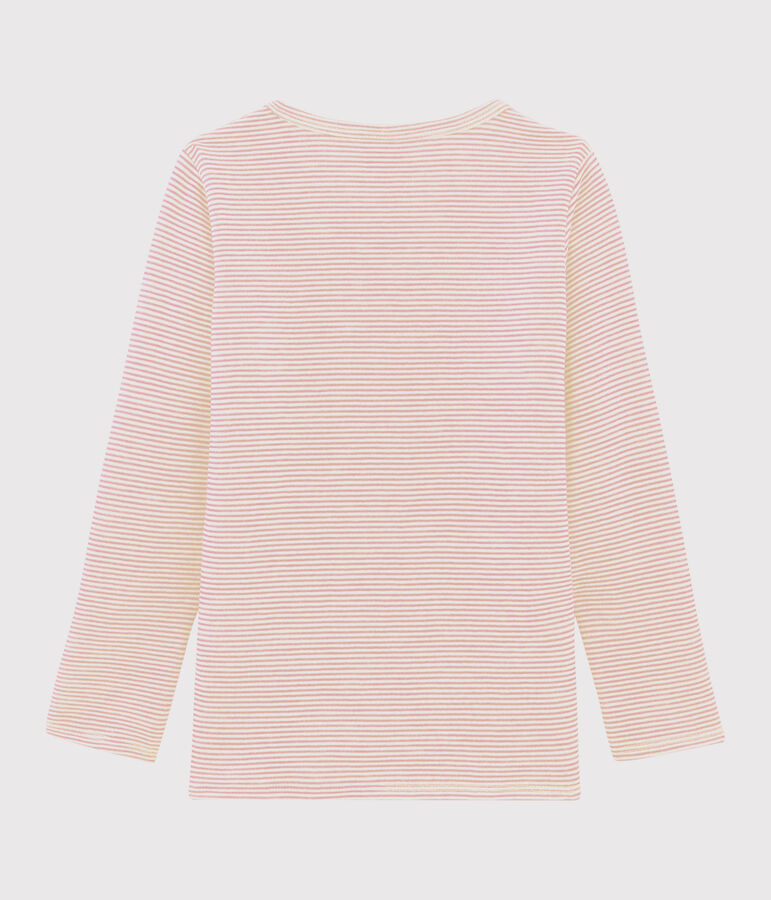 Girls' Pinstriped Long-Sleeved Wool and Cotton T-Shirt CHARME pink/MARSHMALLOW white