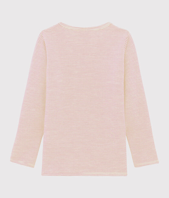Girls' Pinstriped Long-Sleeved Wool and Cotton T-Shirt CHARME pink/MARSHMALLOW white