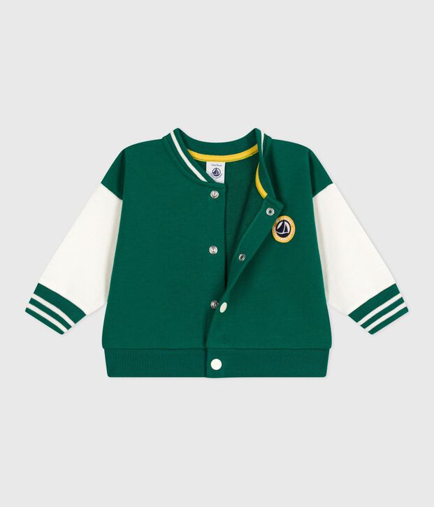 Babies' varsity-style cotton jacket in two colours green/ecru