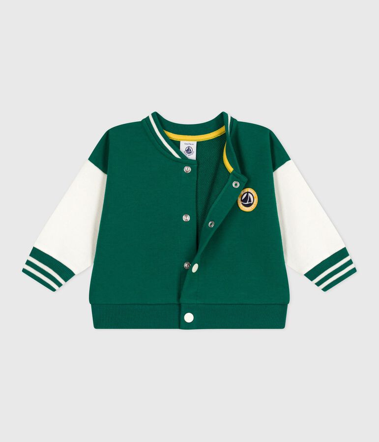 Babies' varsity-style cotton jacket in two colours green/ecru