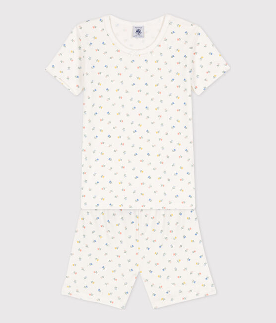 Girls' Snugfit Short Cotton Pyjamas MARSHMALLOW white/MULTICO white