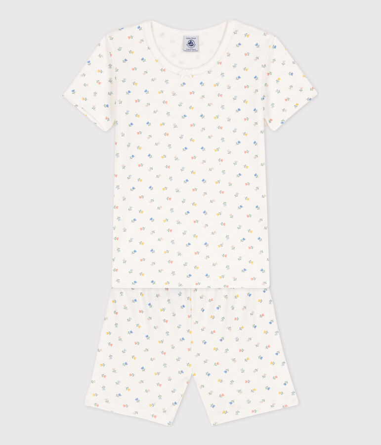 Girls' Snugfit Short Cotton Pyjamas MARSHMALLOW white/MULTICO white