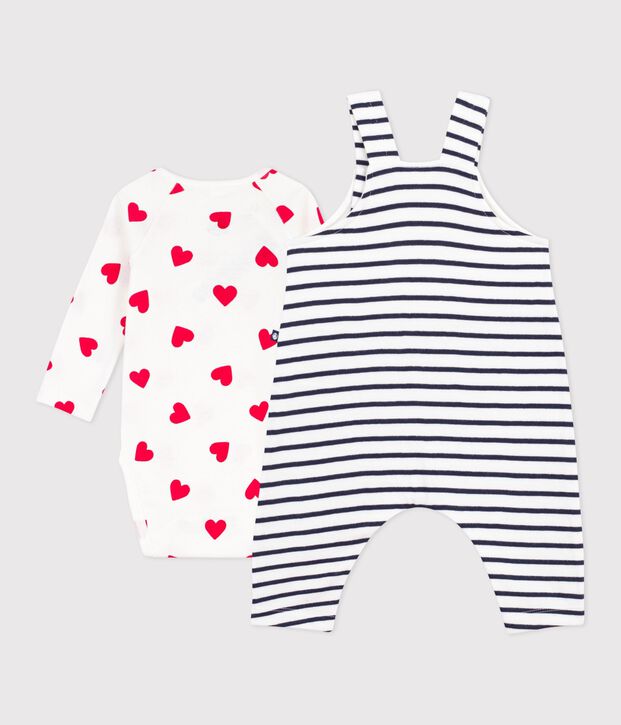 Babies' stripy dungarees/body set featuring a body printed with hearts white/blue