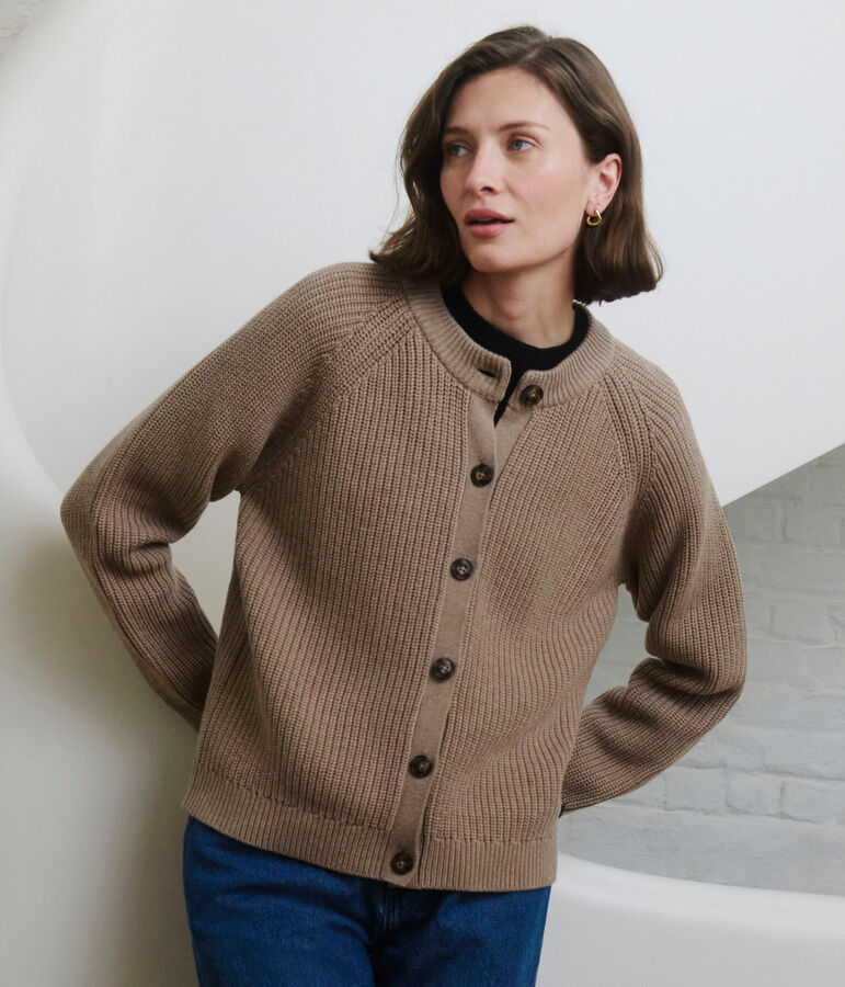 Women's plain wool and cotton cardigan ROCHE brown
