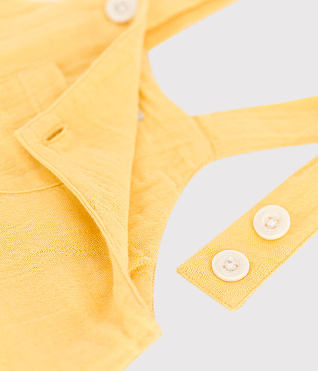 Babies' short-legged plain cotton gauze dungarees yellow