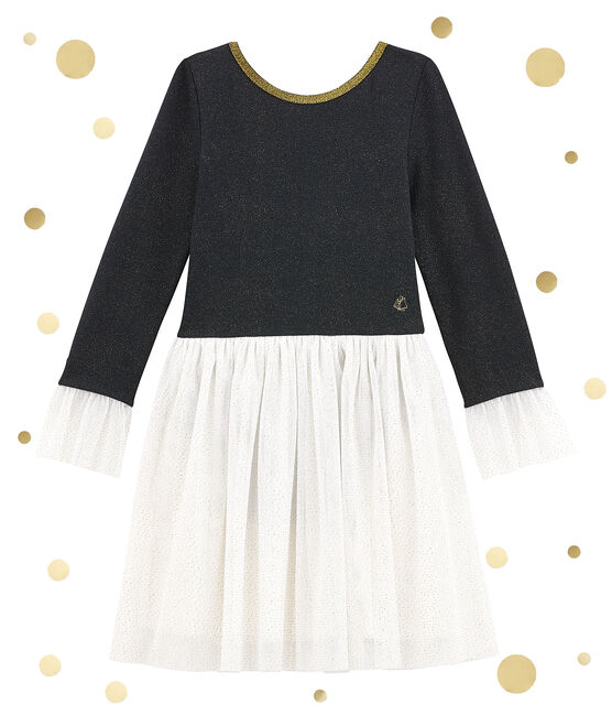 Girl's shiny dual fabric dress SMOKING blue/DORE yellow