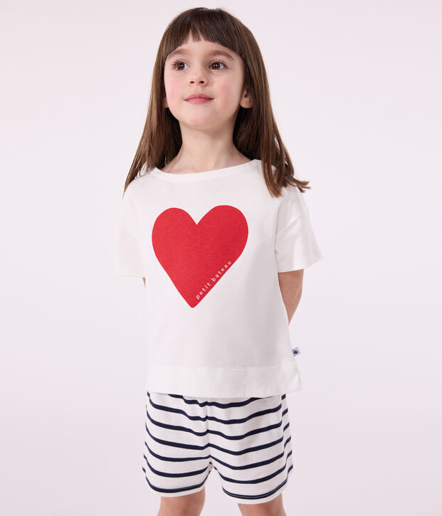 Children's short pajamas in cotton with heart print white/blue