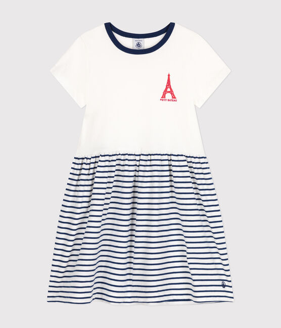 Little girls' cotton short-sleeved dress MARSHMALLOW white/MEDIEVAL blue