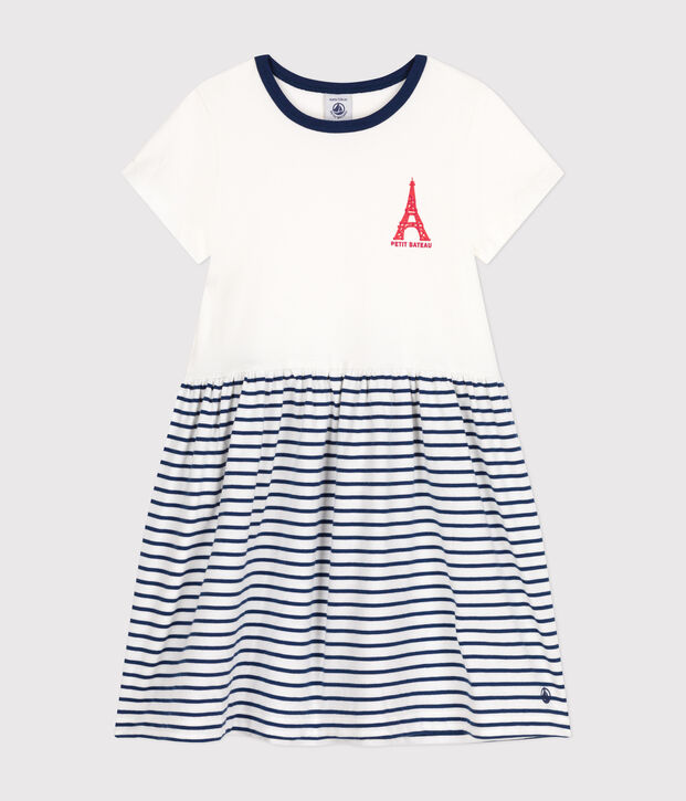 Little girls' cotton short-sleeved dress white/blue