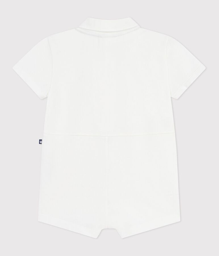 Babies' short plain cotton jumpsuit with a polo collar MARSHMALLOW white