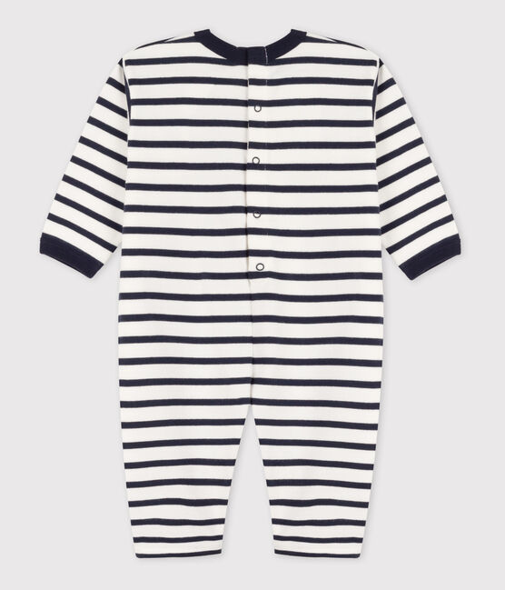 Babies' Thick Jersey Stripy Breton Jumpsuit MARSHMALLOW white/SMOKING blue