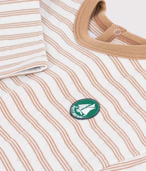 Babies' long-sleeved stripy cotton T-shirt. beige/ecru