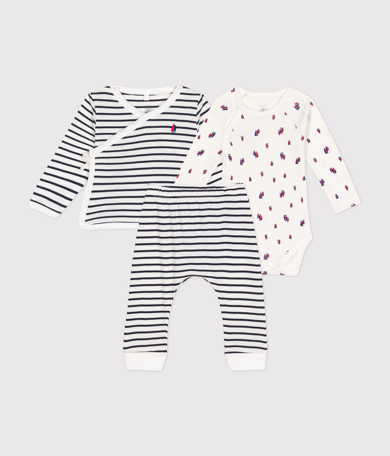 Babies' three-piece cotton outfit MARSHMALLOW white/SMOKING blue