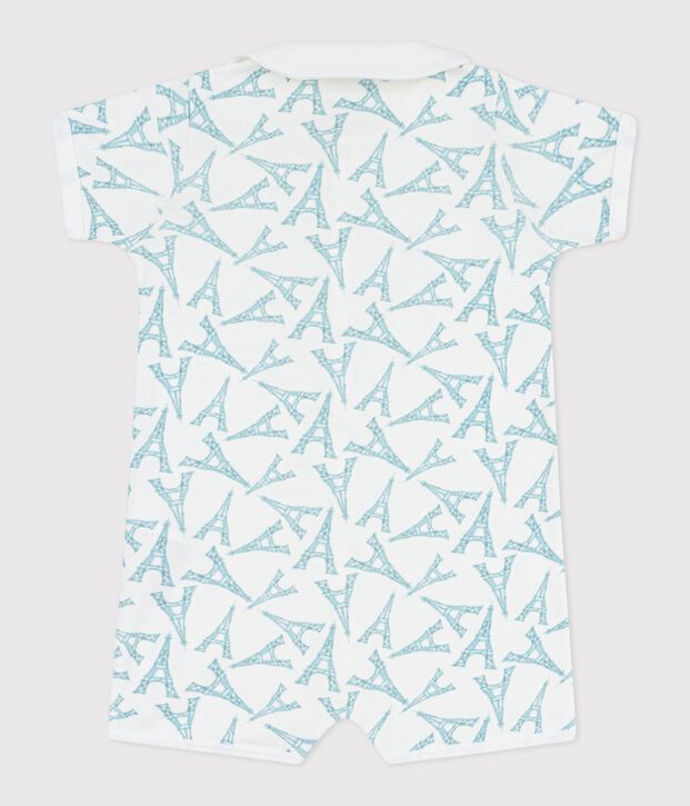 Babies' Eiffel Tower print cotton short jumpsuit with a collar white/blue