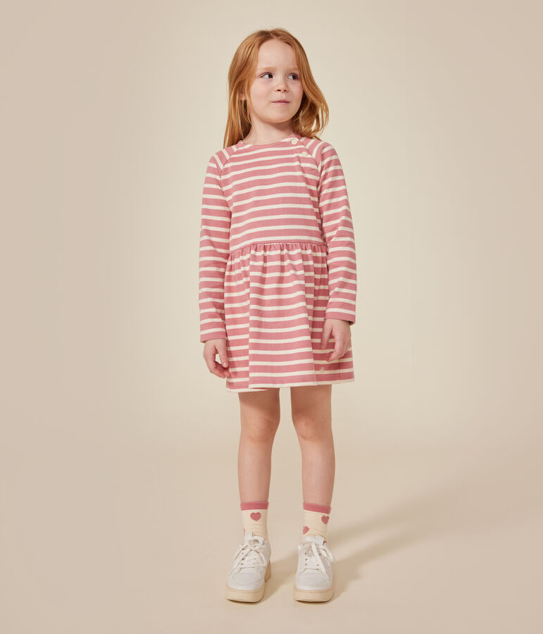 Girls' long-sleeved thick cotton dress pink/ecru