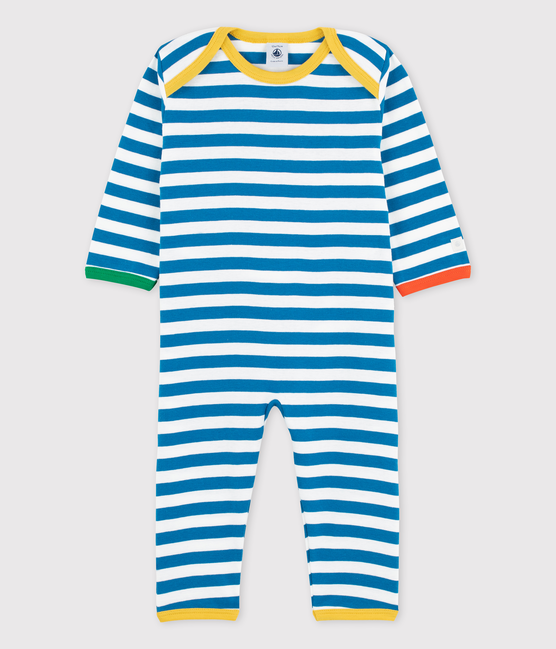 Babies' Blue Striped Footless Buttonless Cotton Sleepsuit MALLARD /MARSHMALLOW