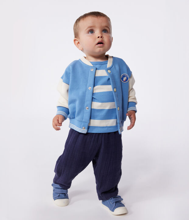 Babies' varsity-style jacket in colourblock cotton blue/ecru