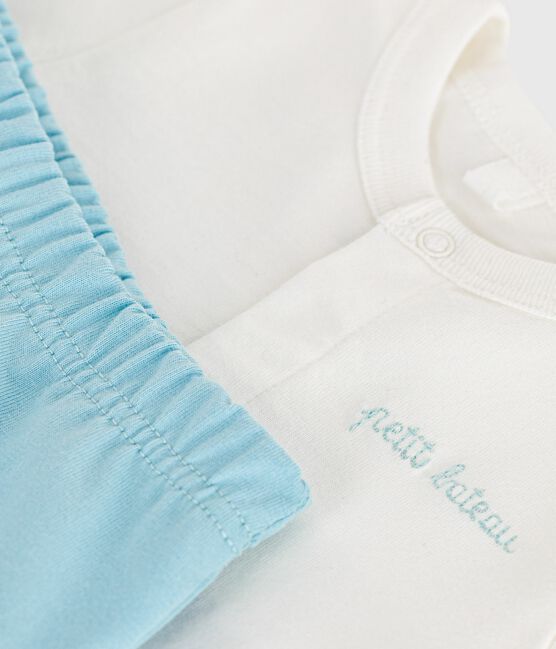 Newborn babies' two-piece cotton set with a plain bottom half MARSHMALLOW blue/AQUATIC