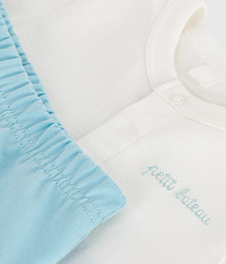 Newborn babies' two-piece cotton set with a plain bottom half white/blue