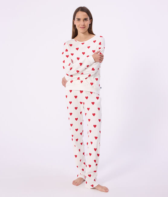 Women's heart print cotton pyjamas MARSHMALLOW white/TERKUIT red